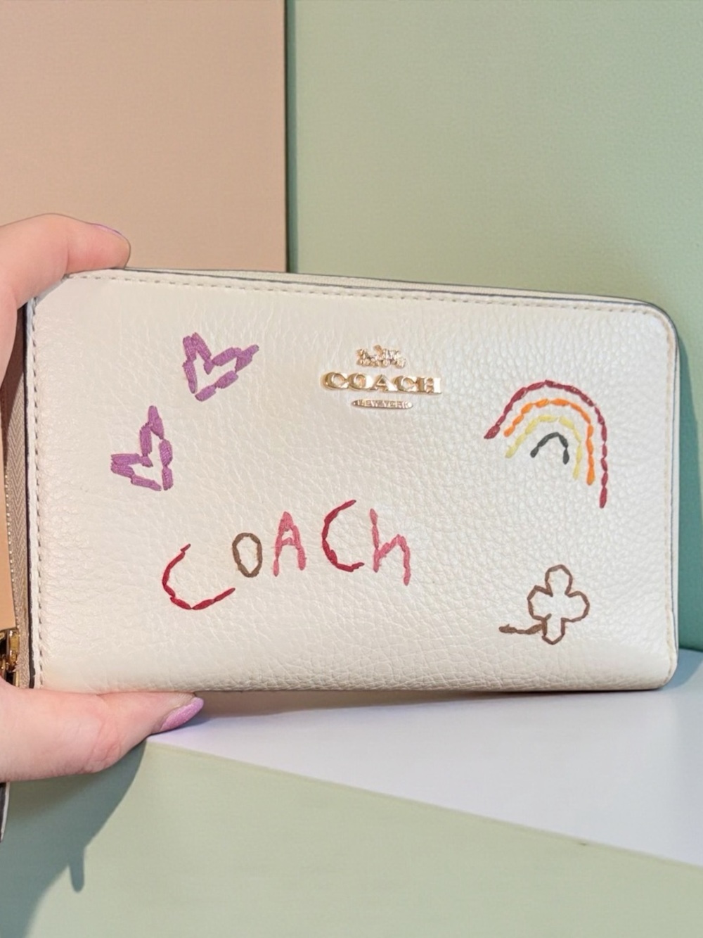 Coach White Leather Zip Wallet with Colorful Doodle Accents
